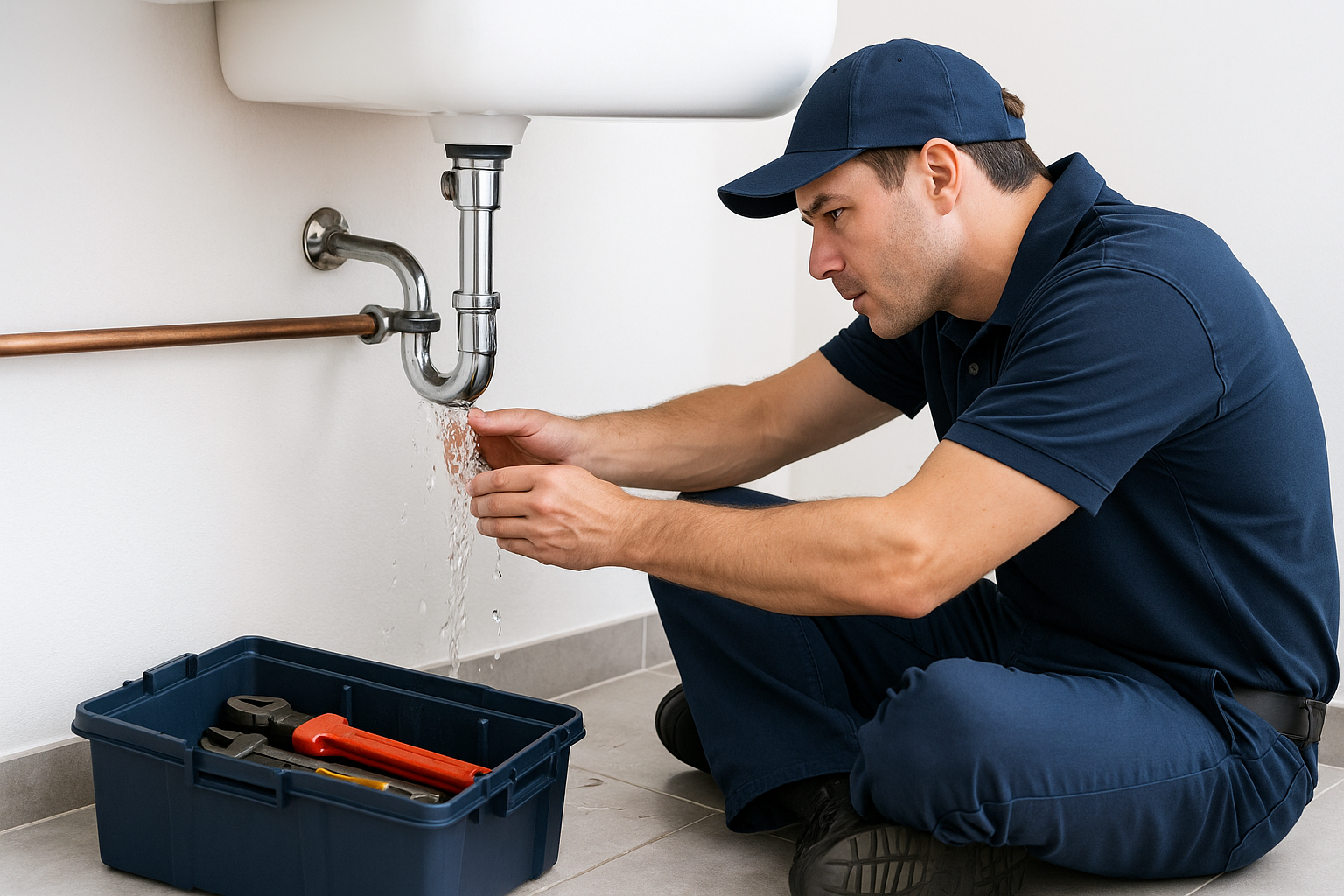 Technician servicing plumbing lines — call WM Plumbing (484) 655-5369